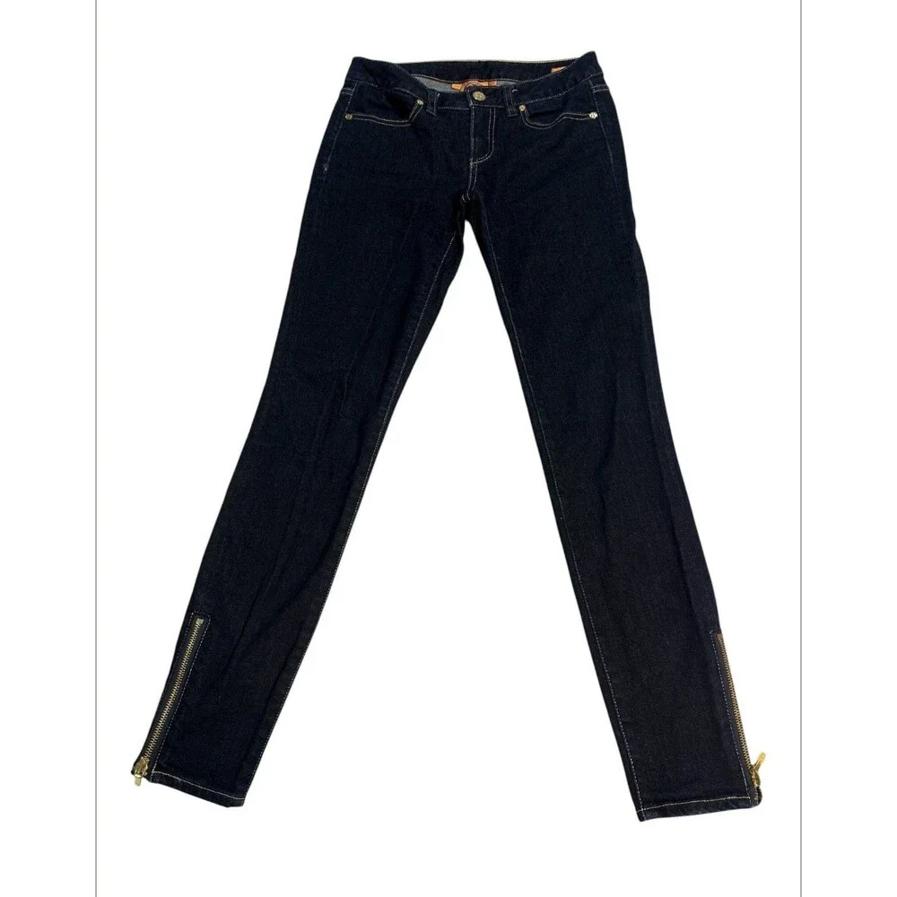 Tory Burch Women's Cropped Slim Dark Wash Low Rise Jeans Size 25 Denim Zip Hem